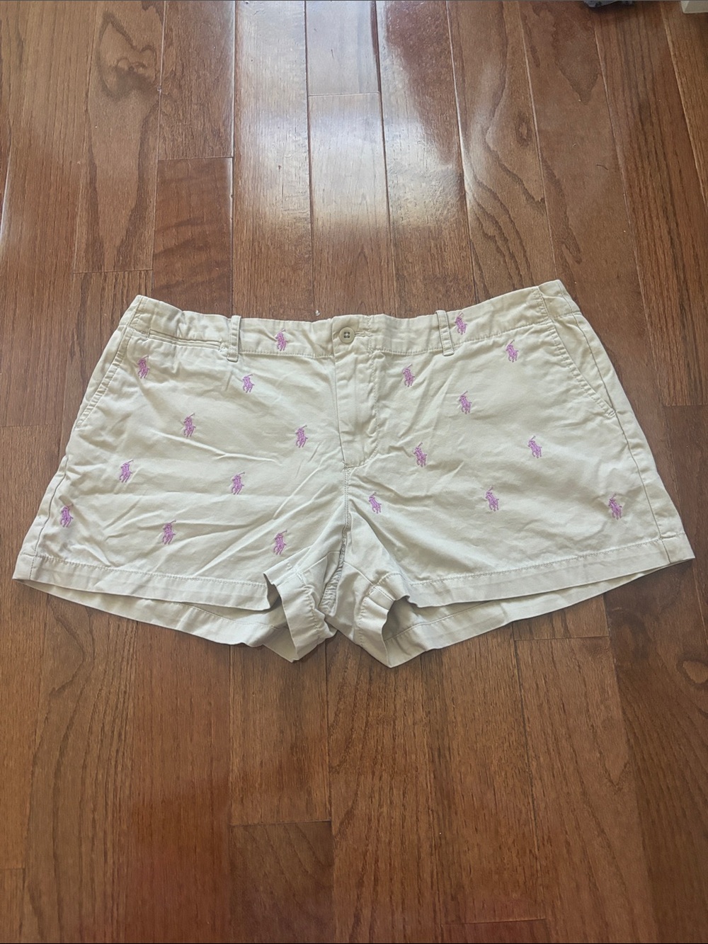 Vintage ralph lauren sport khaki pink pony embroidered mini shorts 17”
